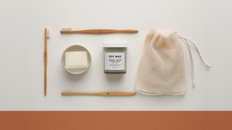 Minimalist eco-friendly flat-lay (soap bar, bamboo brush, candle, cotton mesh bag)