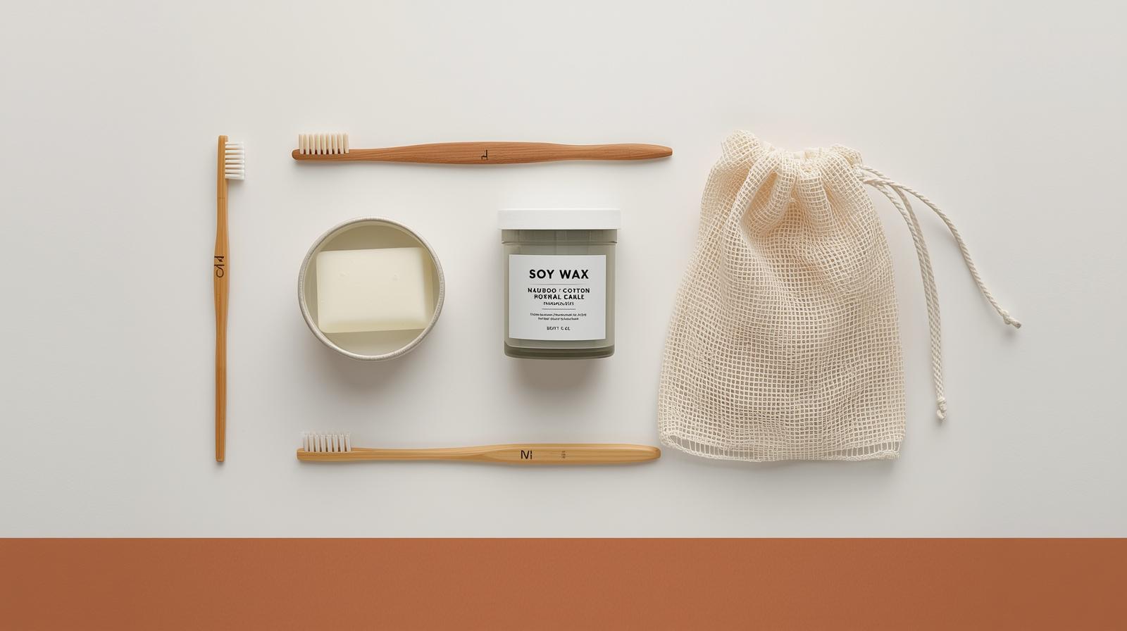 Minimalist eco-friendly flat-lay (soap bar, bamboo brush, candle, cotton mesh bag)