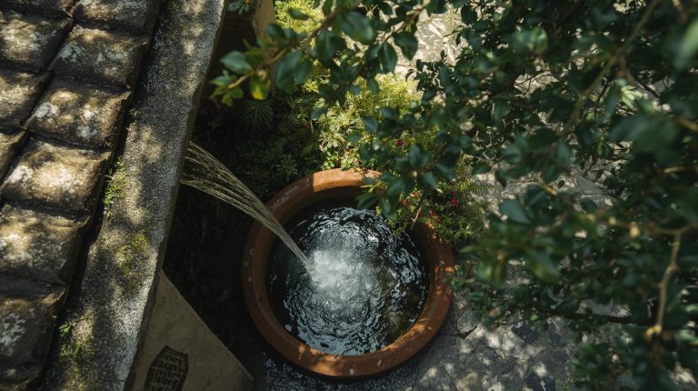 Passive rainwater harvesting system with rain barrel in tropical garden.