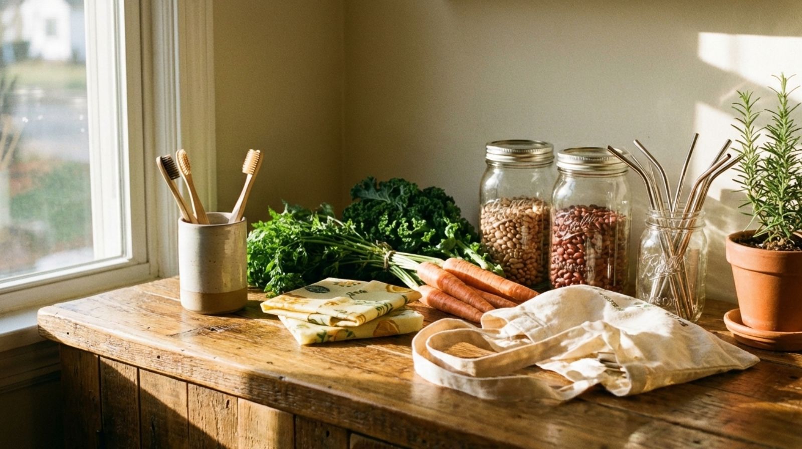A pristine wooden kitchen counter bathed in golden December morning light, featuring an arrangement of sustainable lifestyle items.