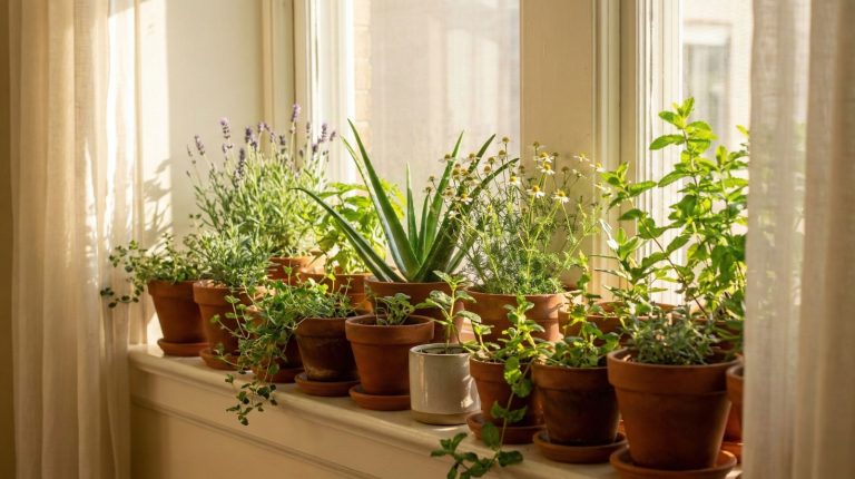 A sunlit windowsill displays twenty-five potted medicinal plants arranged in terracotta and ceramic containers.