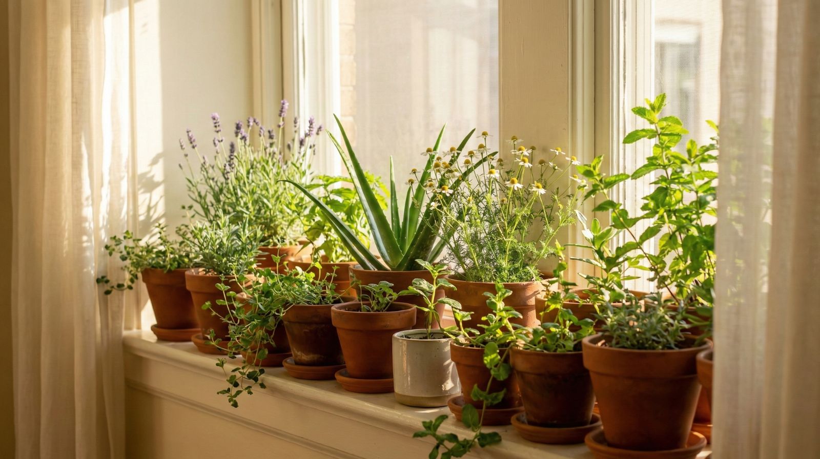 A sunlit windowsill displays twenty-five potted medicinal plants arranged in terracotta and ceramic containers.
