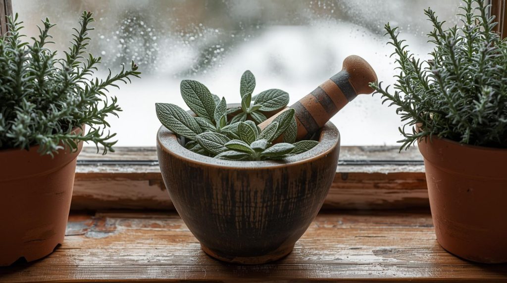 Sage plant in pot, a natural anti-inflammatory winter herb.