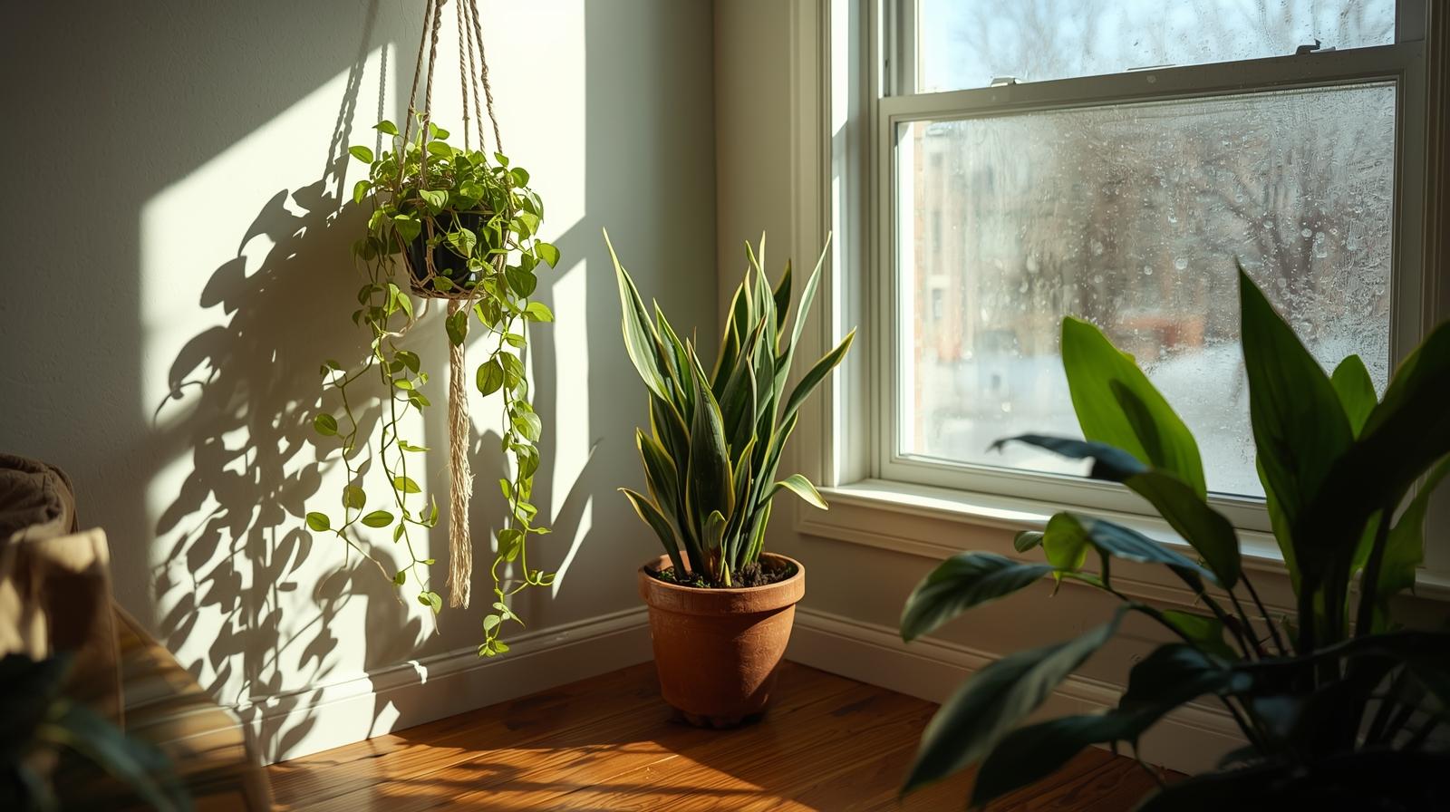 A sun-drenched living room corner captured in shallow depth of field, featuring a cluster of hardy indoor plants