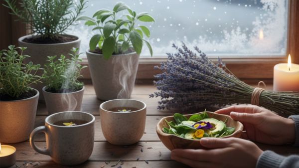 Cozy winter slow living setup with herbal tea, candles, and plants for seasonal self-care.