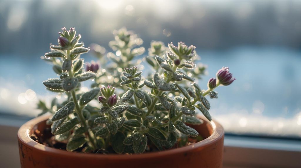 Fresh oregano growing indoors, used for natural antibiotic winter remedies.