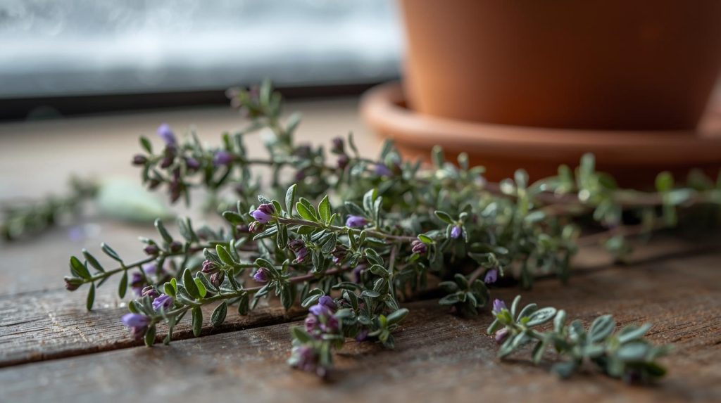 Indoor thyme plant used for antiviral winter herbal remedies.