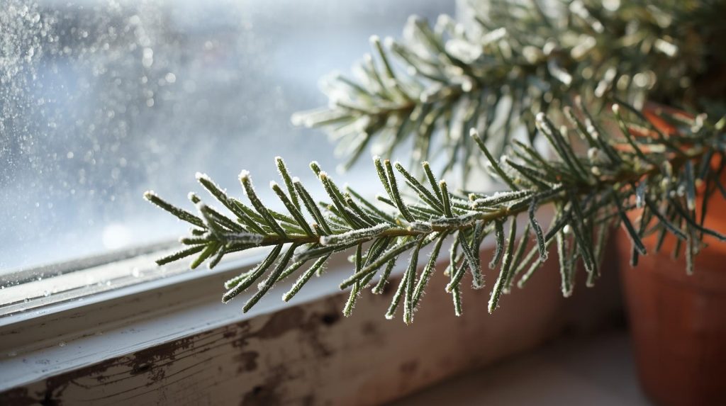 Rosemary plant growing indoors for lung and immune support in winter.