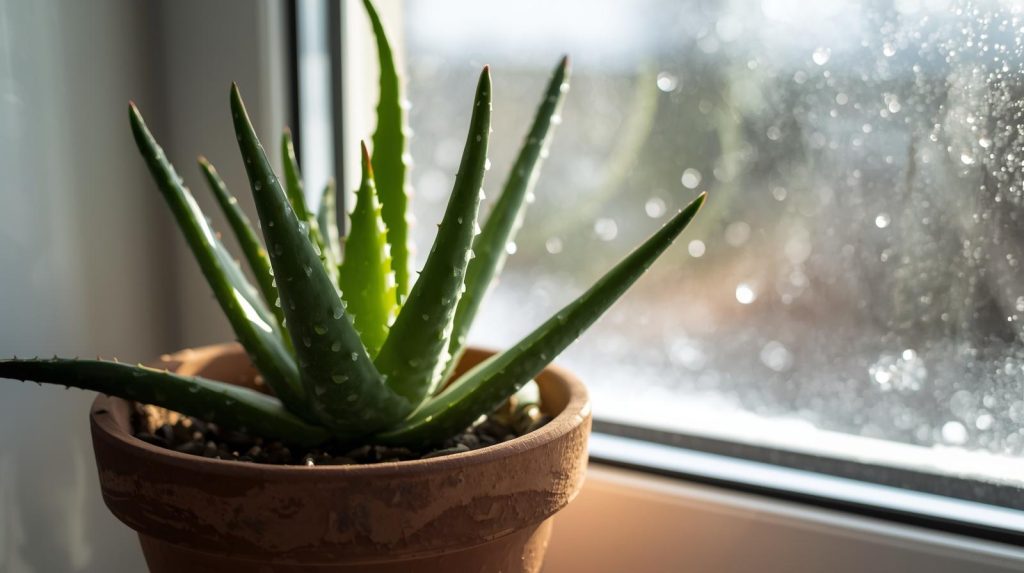 Aloe vera plant on a windowsill supporting winter hydration and immunity.