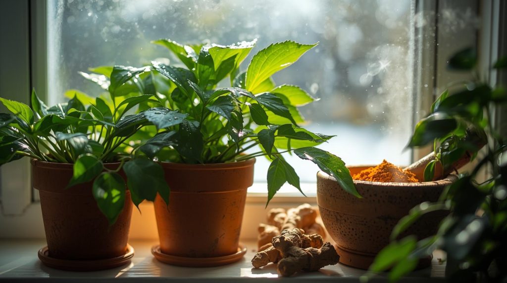 Ginger root sprouting in a pot for indoor winter herbal growing.