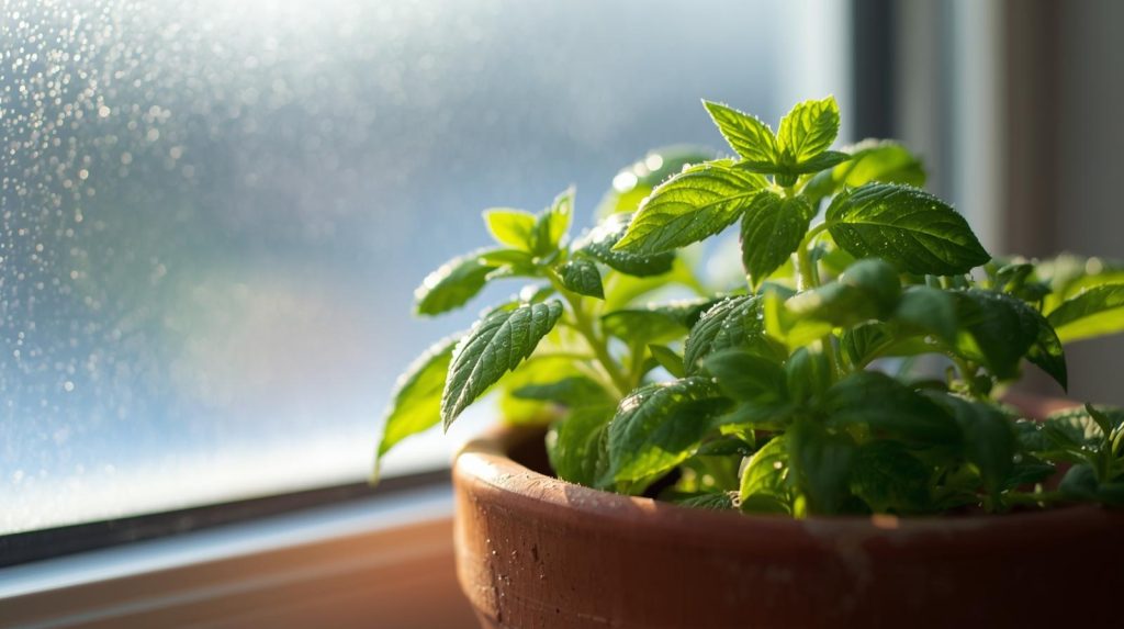 Lemon balm growing indoors for stress relief and winter immunity.