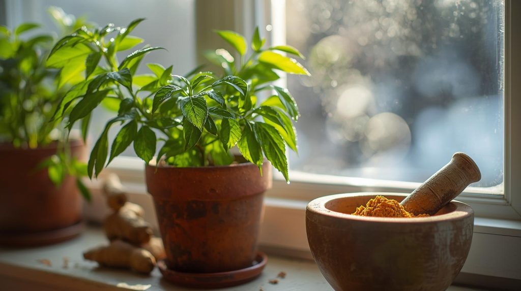Indoor turmeric plant with golden roots used for immune wellness.