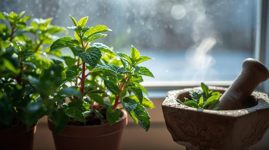 Peppermint leaves growing indoors for winter digestion and immunity.
