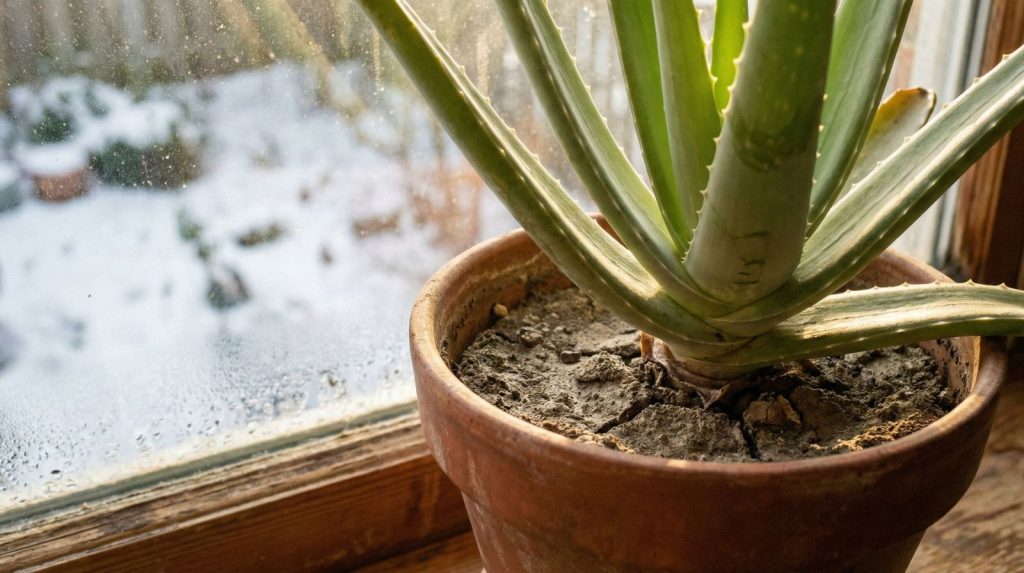 A close-up photograph of a mature aloe vera plant in a terracotta pot on a wooden windowsill.