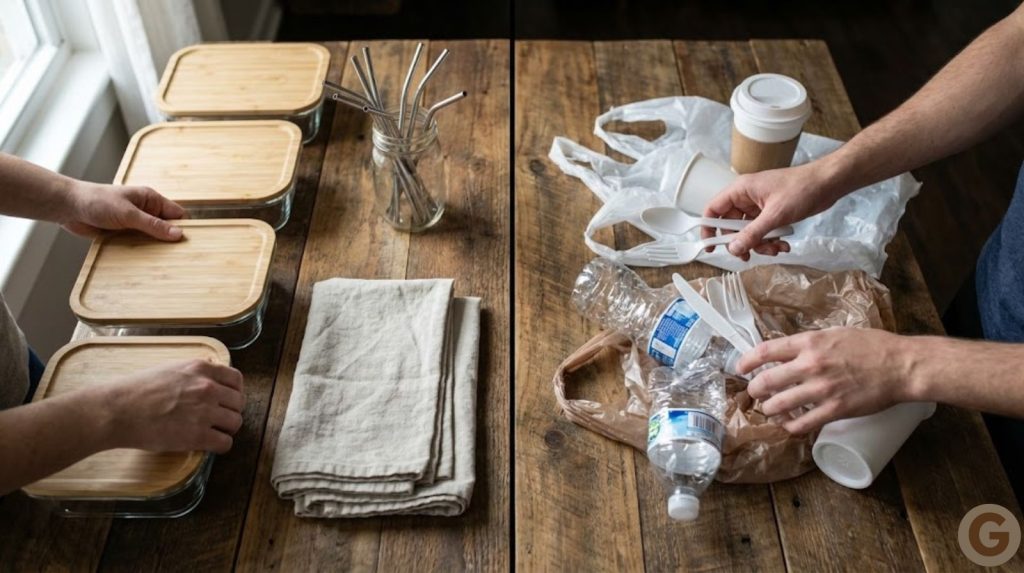 A split-composition overhead shot captures hands sorting through daily items on a reclaimed wood table.