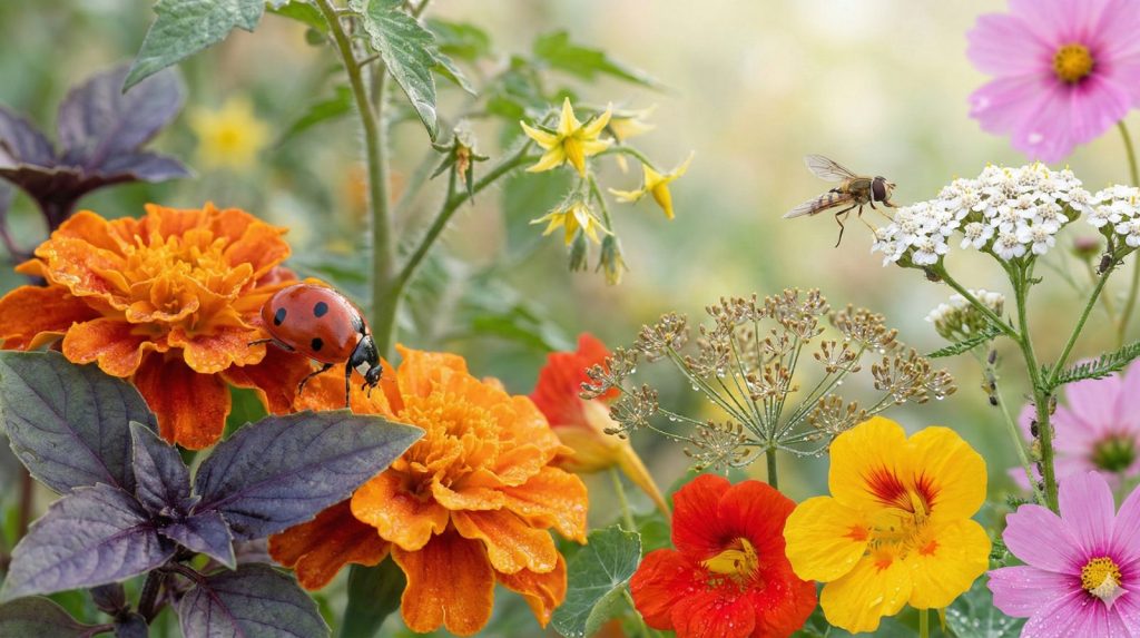 A ladybug navigating vibrant marigold petals beside purple basil leaves.