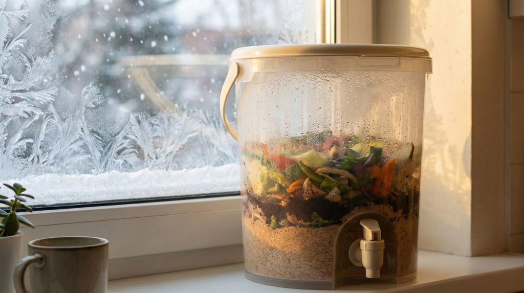 A sleek bokashi bucket sits on a modern apartment windowsill against frost-patterned glass.