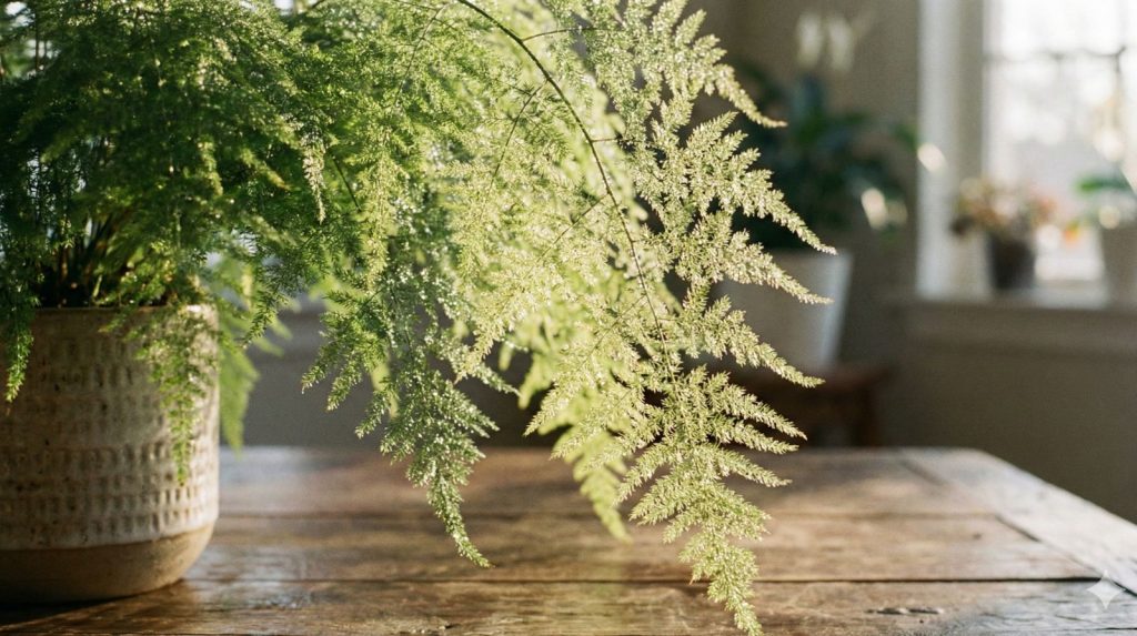 A close-up photograph of a lush Boston fern with delicate, feathery fronds cascading downward.