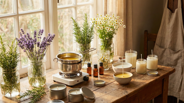 Herbal-infused candle surrounded by lavender, chamomile, and rosemary for DIY tutorial.