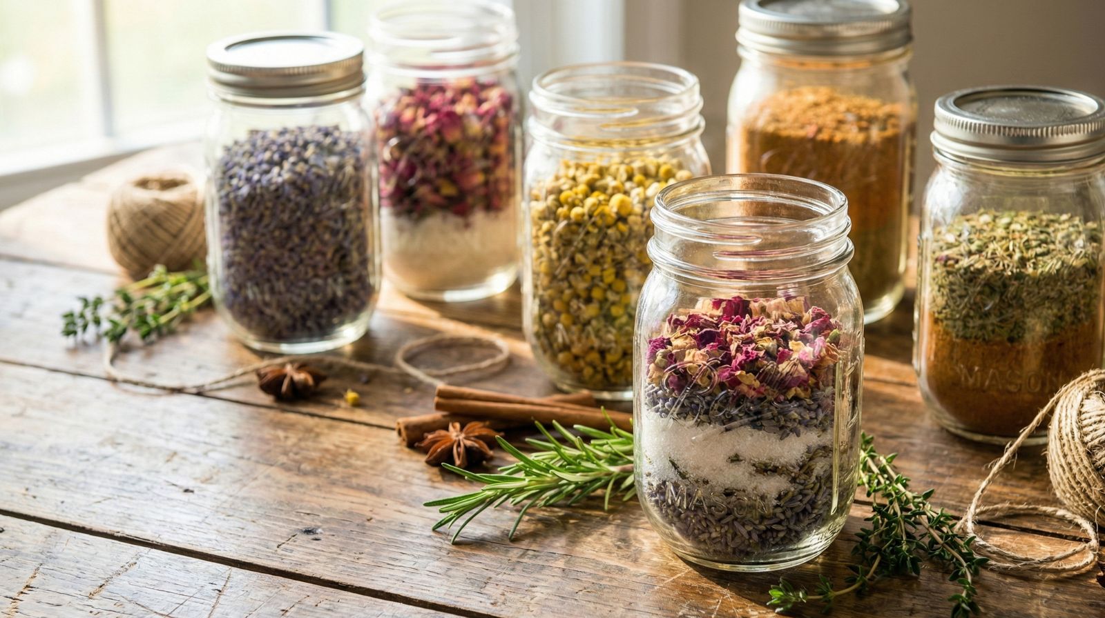 A rustic wooden tabletop displays an artful arrangement of glass mason jars filled with colorful dried botanicals.