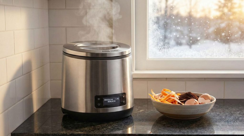 A gleaming stainless steel electric composter sits on a modern apartment kitchen counter near a frost-covered window.