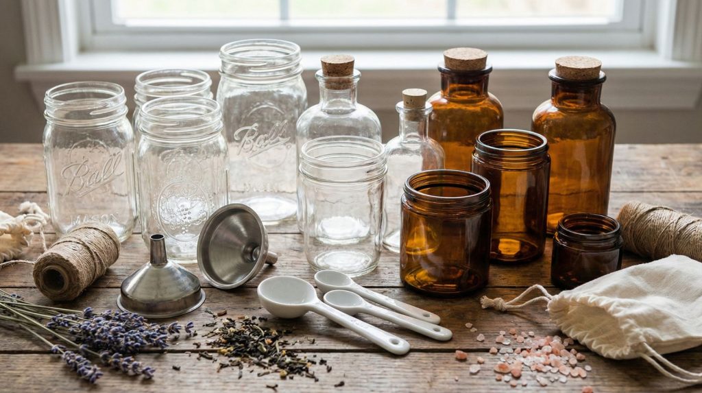 A rustic wooden tabletop displays an array of pristine glass mason jars in varying sizes, vintage apothecary bottles with cork stoppers, and amber-tinted containers.