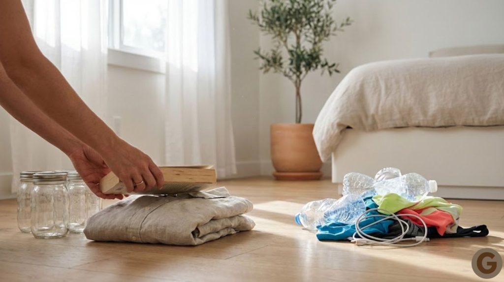 A minimalist bedroom photographed with shallow depth of field.