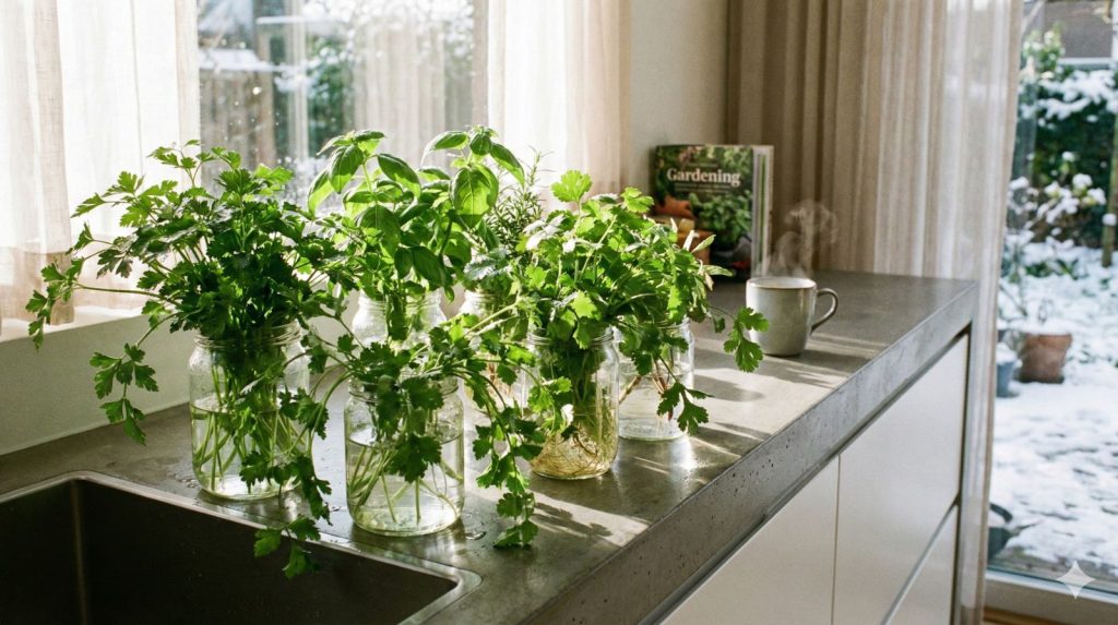A sunlit kitchen windowsill hosts vibrant herb cuttings in small glass jars.