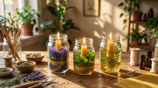 Homemade herbal candles decorated with dried flowers for natural aromatherapy.