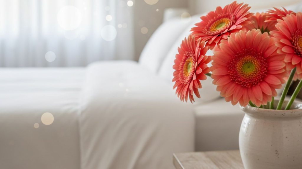 A close-up photograph of vibrant coral-pink Gerbera daisies.