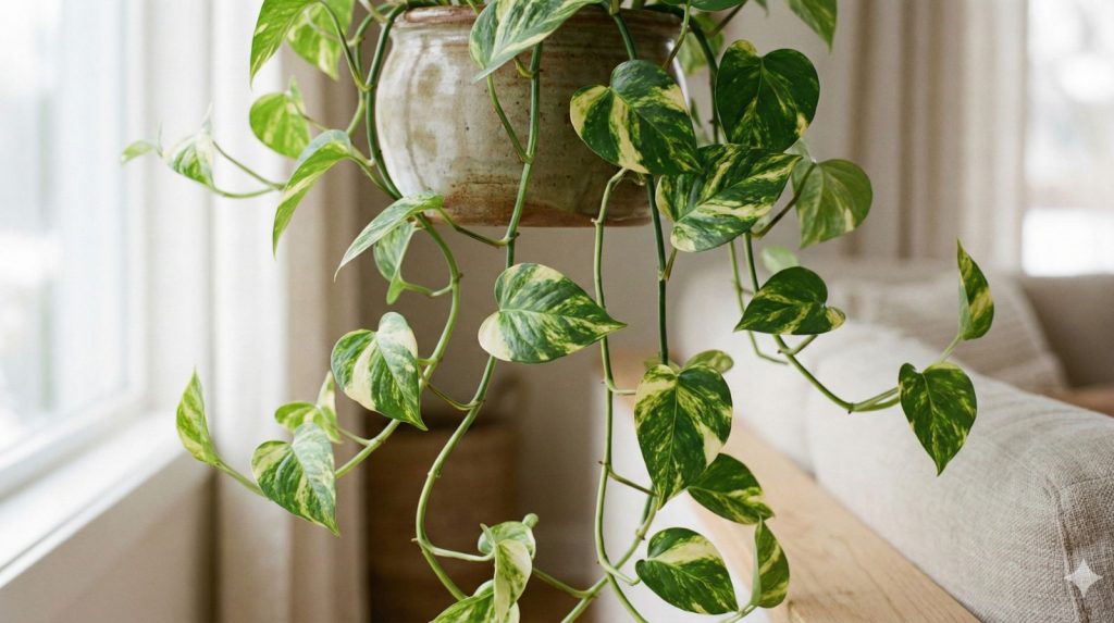 A close-up botanical photograph captures cascading golden pothos vines in soft natural light.