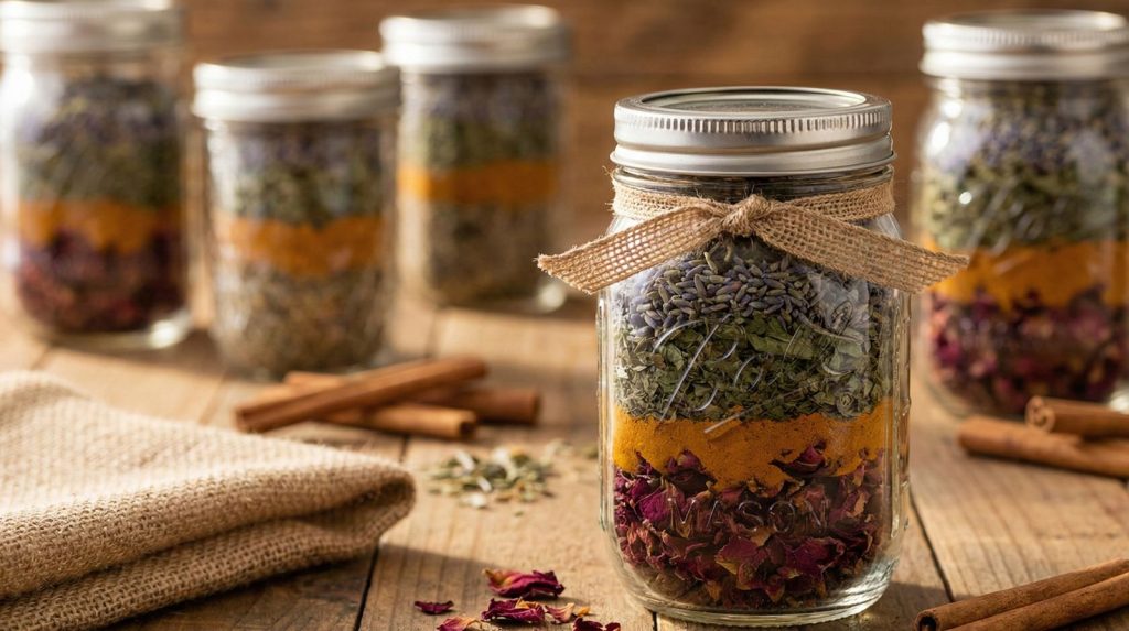 A rustic wooden table displays an artfully arranged collection of glass mason jars filled with vibrant, layered herbal blends—crimson dried rose petals, golden turmeric, emerald mint leaves, and deep purple lavender.