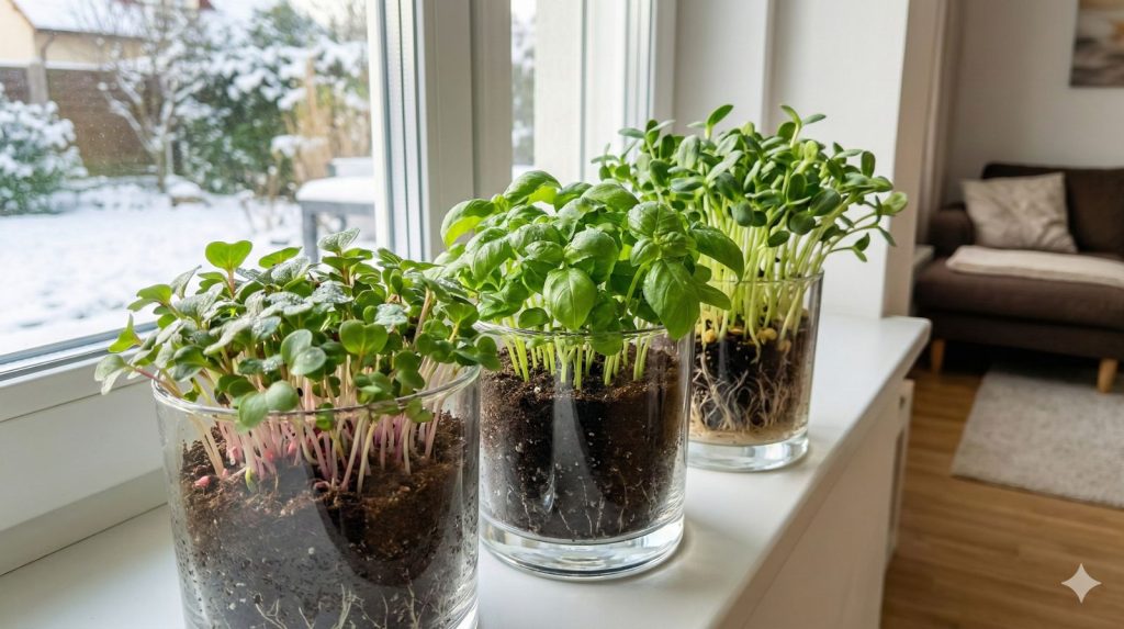 A close-up shot of a sleek, modern indoor garden setup on a bright windowsill in December.