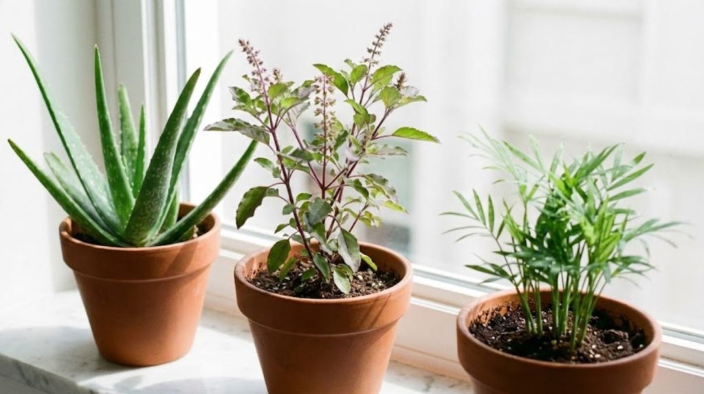 A sun-drenched windowsill showcases three terracotta pots of houseplants for immune system (aloe vera, holy basil and bamboo palm).