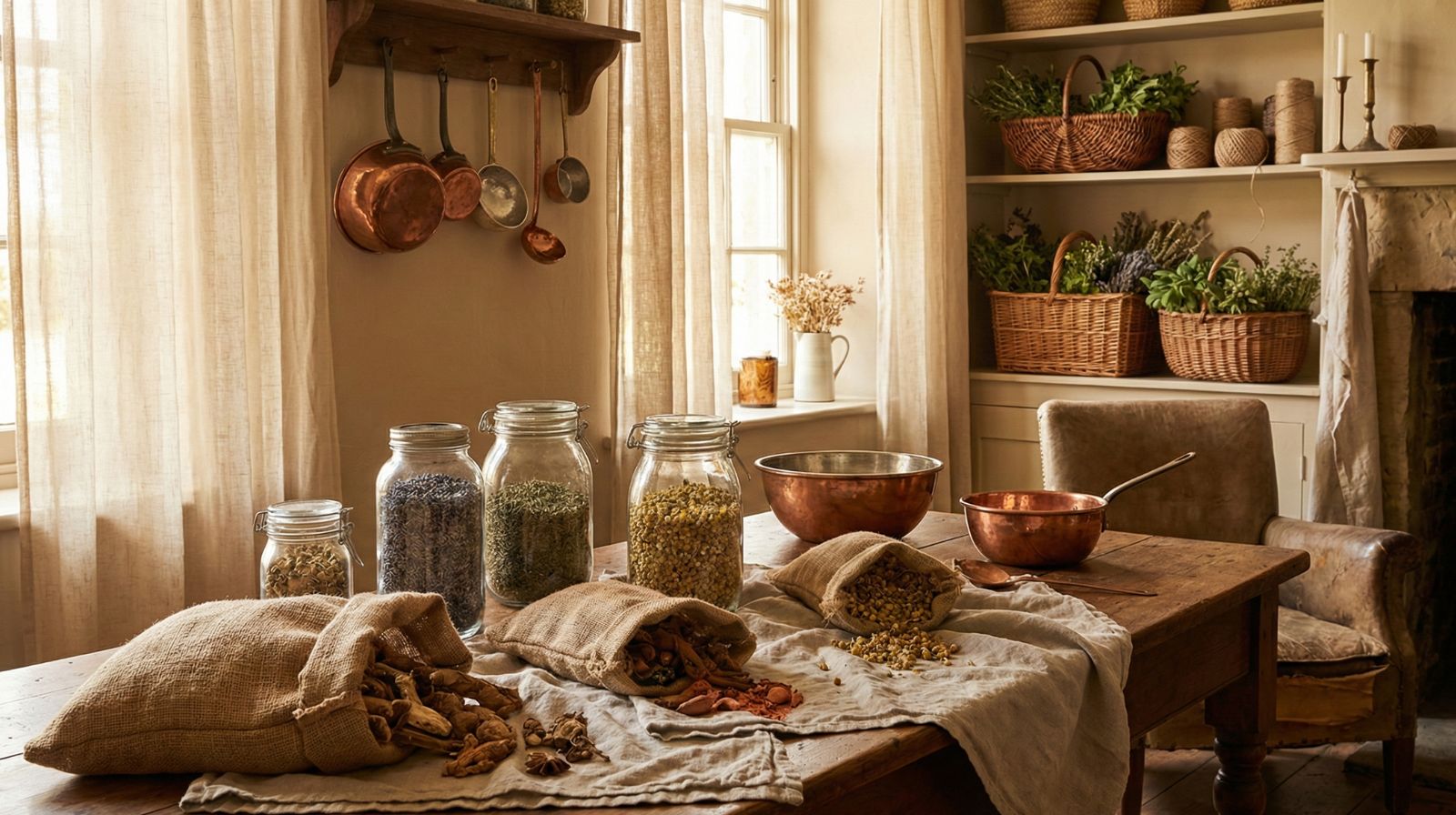 Soft, golden natural light filters through a curtained window, creating a cozy, inviting atmosphere perfect for building a winter apothecary.