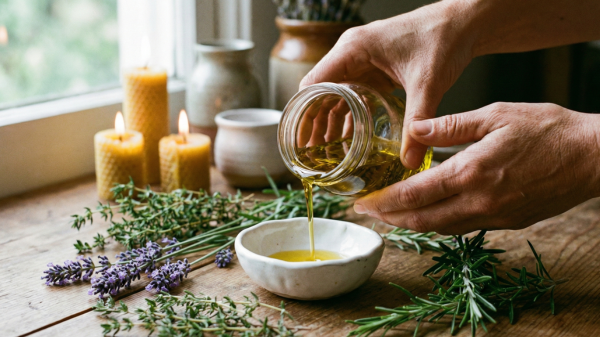 Dried lavender and chamomile warming in oil for candle infusion.