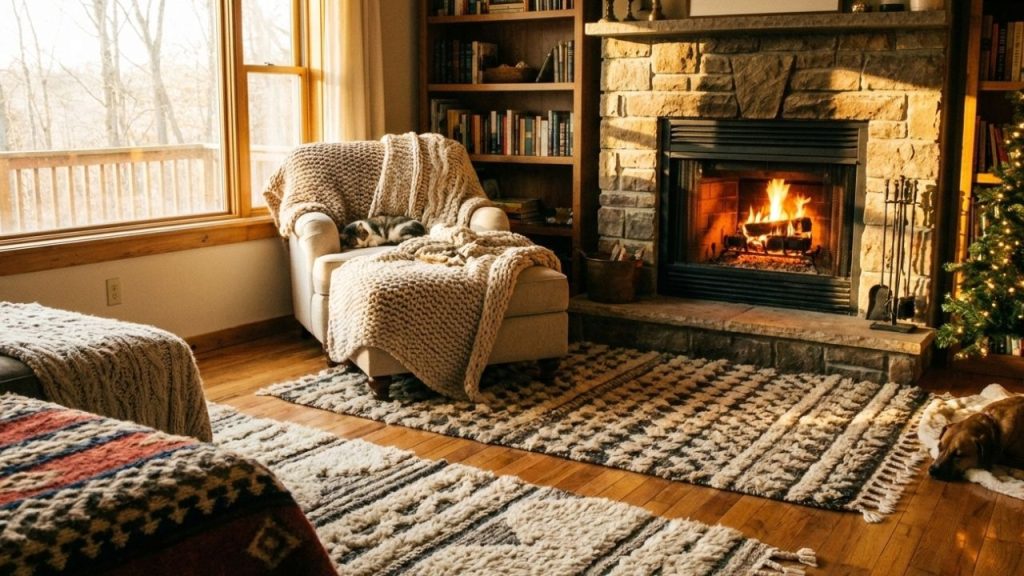 Thick, plush rugs with intricate patterns cover the wooden floor, their rich textures visibly insulating the space.