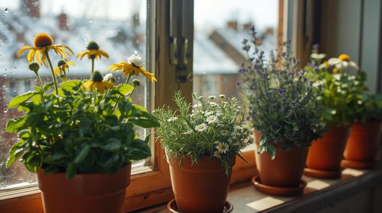 Fresh indoor herbs growing on a windowsill for winter immune-boosting remedies.