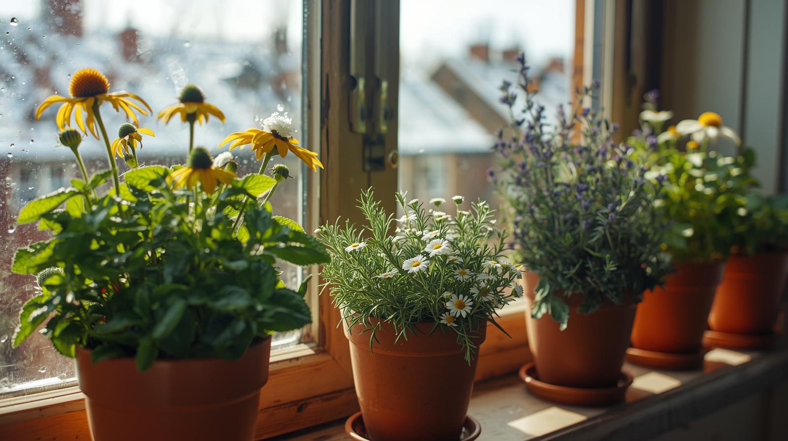 Fresh indoor herbs growing on a windowsill for winter immune-boosting remedies.