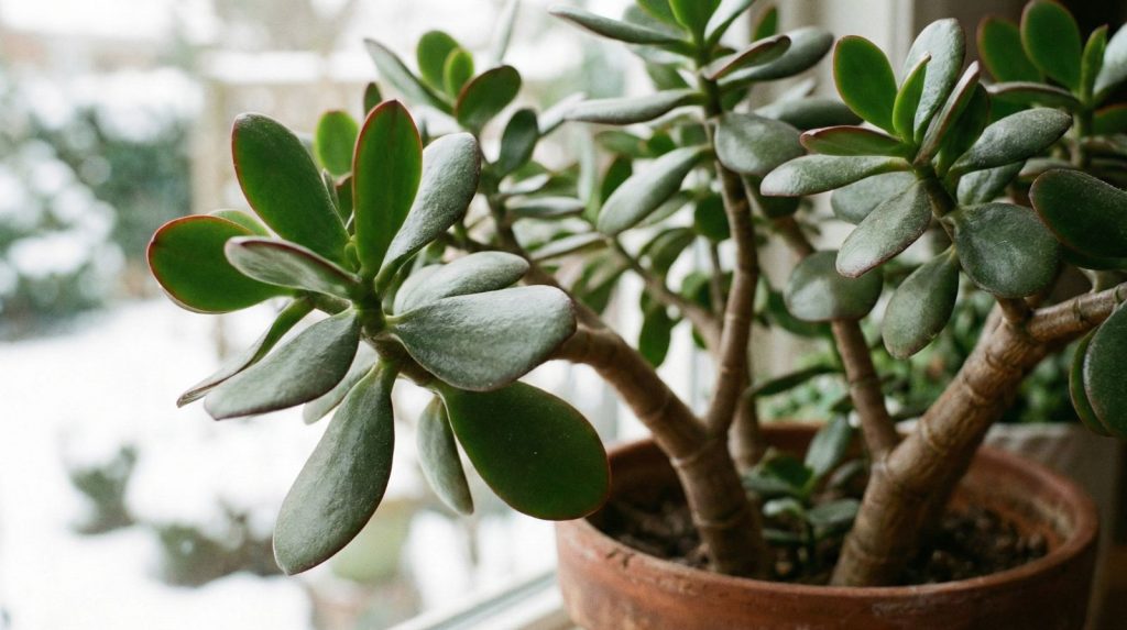 A close-up photograph of a thriving jade plant in soft winter light.