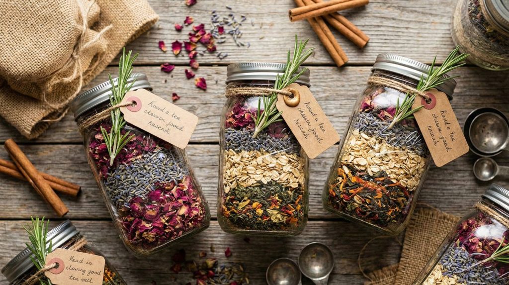 A styled overhead shot capturing multiple glass mason jars filled with layered herbal contents.