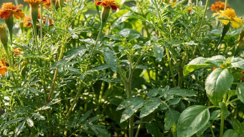 A robust tomato plant sheltered between tall stalks of marigolds and basil.