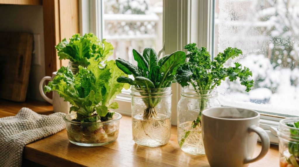 A vibrant close-up captures fresh lettuce and salad greens nestled in clear glass containers atop a bright windowsill.