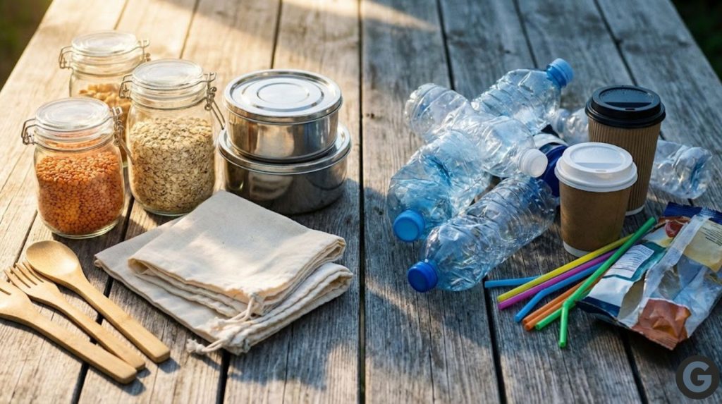 Pristine glass jars, bamboo utensils, cloth produce bags, and stainless steel containers, discarded single-use plastics, disposable coffee cups, plastic straws.