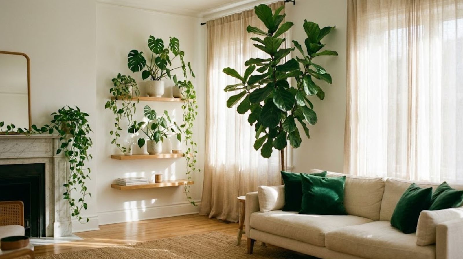 A sunlit Scandinavian living room featuring a floor-to-ceiling fiddle leaf fig tree beside a cream linen sofa, monstera deliciosa cascading from ceramic planters on floating oak shelves, and trailing pothos vines adorning a marble fireplace mantel.
