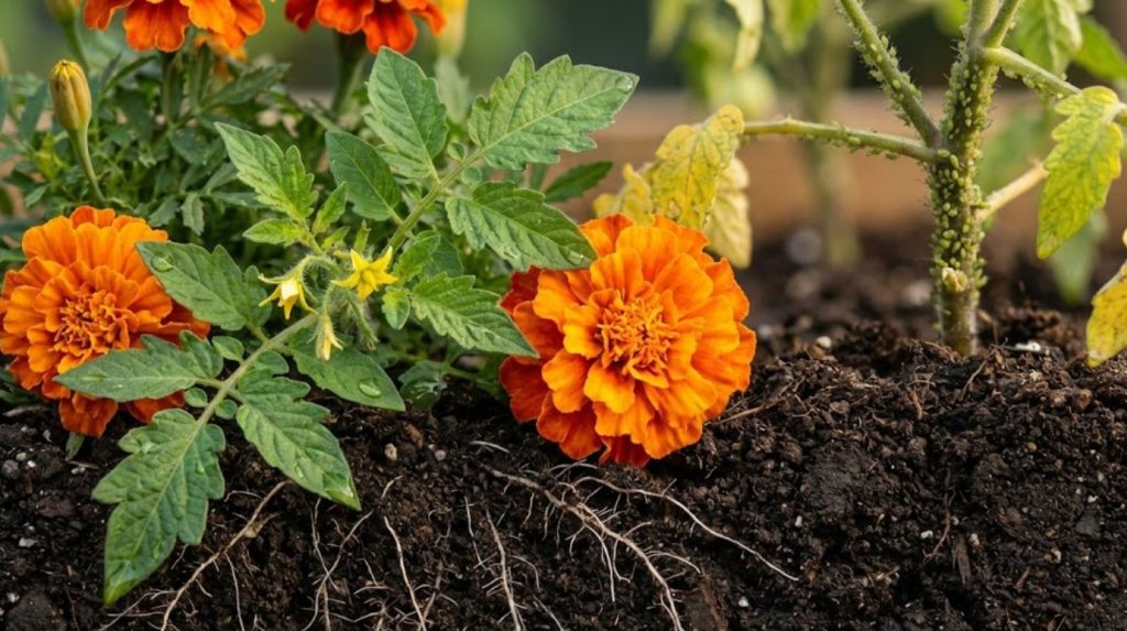 Marigolds and tomato plants intertwined at ground level.
