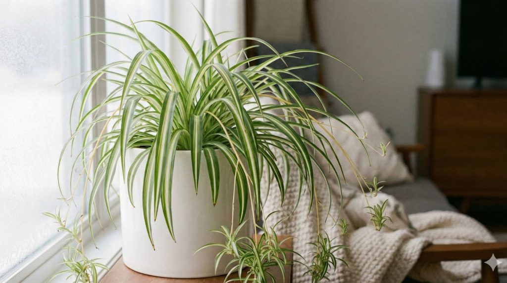 A close-up photograph of a healthy spider plant cascading gracefully from a white ceramic pot.