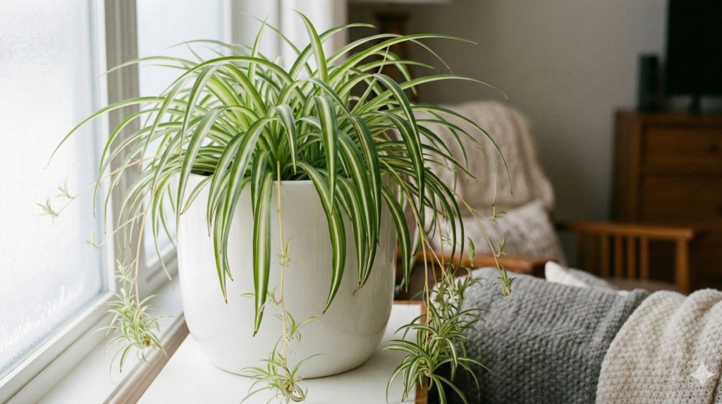 A vibrant spider plant with cascading ribbon-like variegated leaves in cream and green stripes sits in a white pot on a sunlit windowsill.