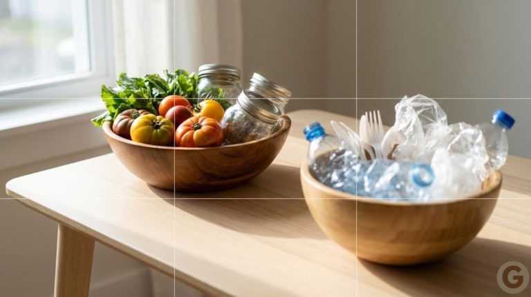 A sunlit minimalist table displays two wooden bowls in sharp focus.