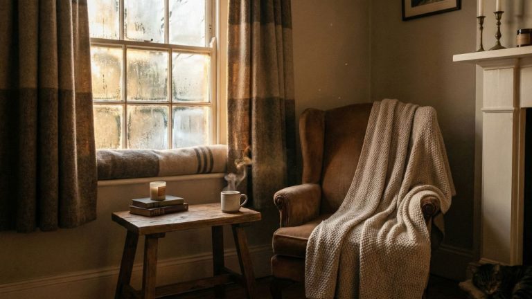 A cozy living room scene illuminated by warm, golden sunlight filtering through slightly foggy, drafty window panes.